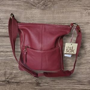 The Sak Cherry Red Leather Crossbody Bag With Double Zip Pockets NWT